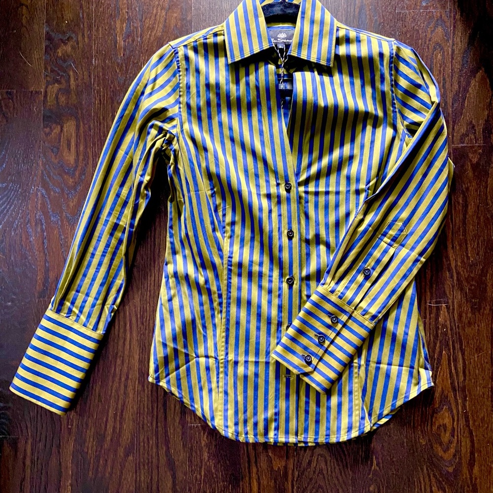 NWT green/ navy stripe open collar Ben Sherman cotton shirt w cuff details
